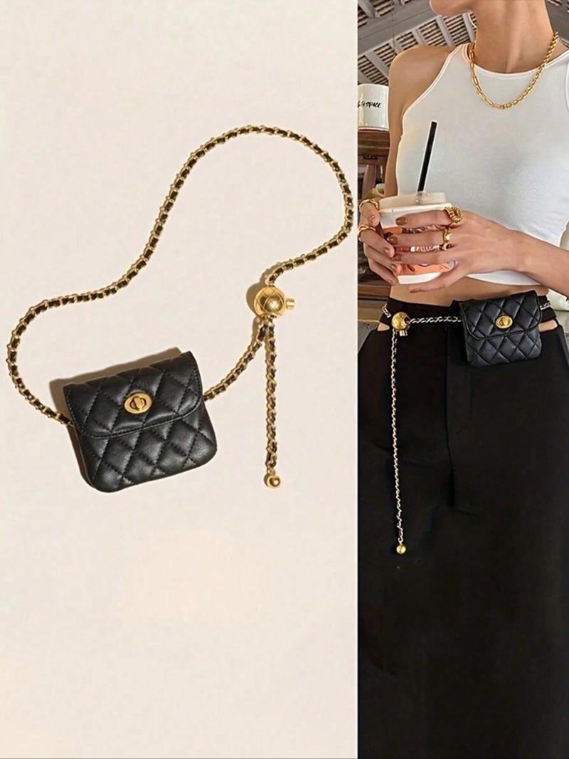 Women's Elegant  Quilted Design Chain Belt Bag,  Style Fashionable Pu Leather Fanny Pack for Daily Used, Casual Trendy Versatile High-quality Daily Commuting Bag