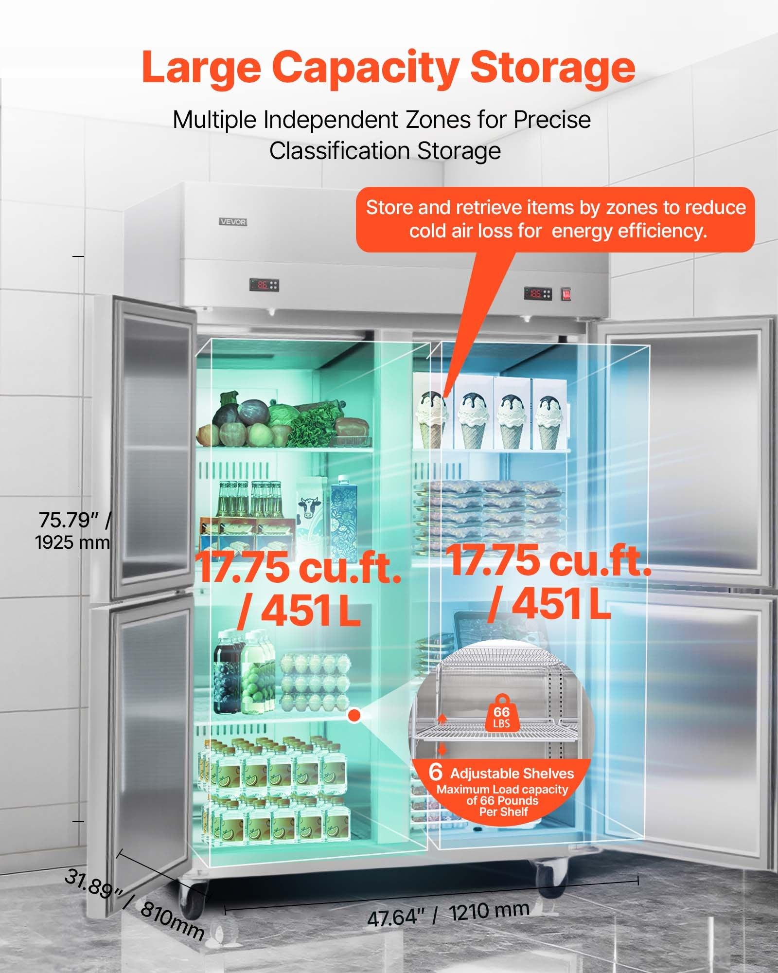 Commercial Refrigerator and Freezer Combo 48"W, 31 Cu. Ft Stainless Steel Upright Freezer/Refrigerator with 4 Doors, Auto-Defrost, 6 Adjustable Shelves, UL Certified