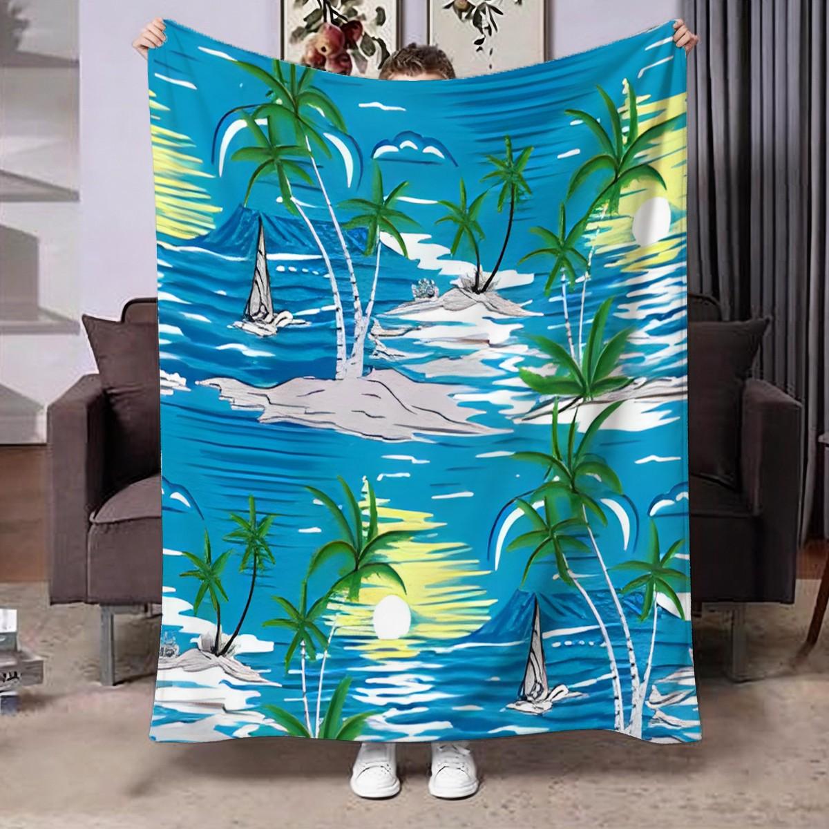 Tropical Island Coconut Print Blanket, Soft and Lightweight, Ideal for Sofa, Bedroom, Office, Outdoor, Multi-Use, Vacation Gift