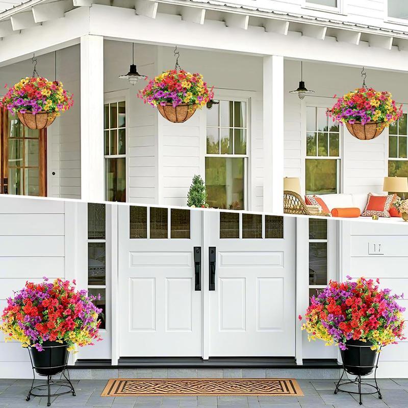 2pcs Artificial Hanging Flowers Baskets with 24 Realistic Daisies & Eucalyptus - UV-Resistant Outdoor/Indoor Decor for Porch, Patio, Balcony, Yard - Includes Hanging Baskets & Greenery