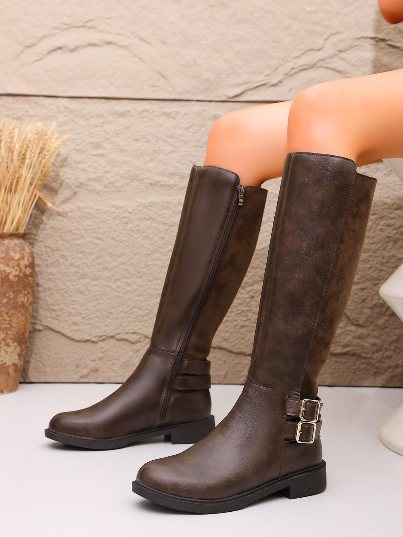 Simple Straight Calf Knight Boots, Round Toe Flat Sole, Dual Buckle Decor, Distressed PU Leather, Side Zipper, Daily Wear Tall Boots