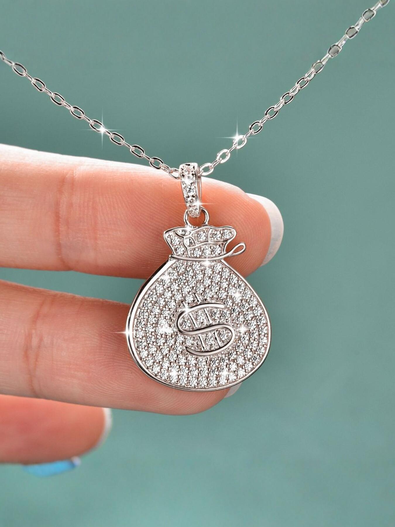 Sparkling CZ Money Bag Pendant Necklace, Iced Out Dollar Sign Necklace, 14K Gold Plated Wealth Lucky Jewelry for Women Men, Hip Hop Everyday Wear Gift