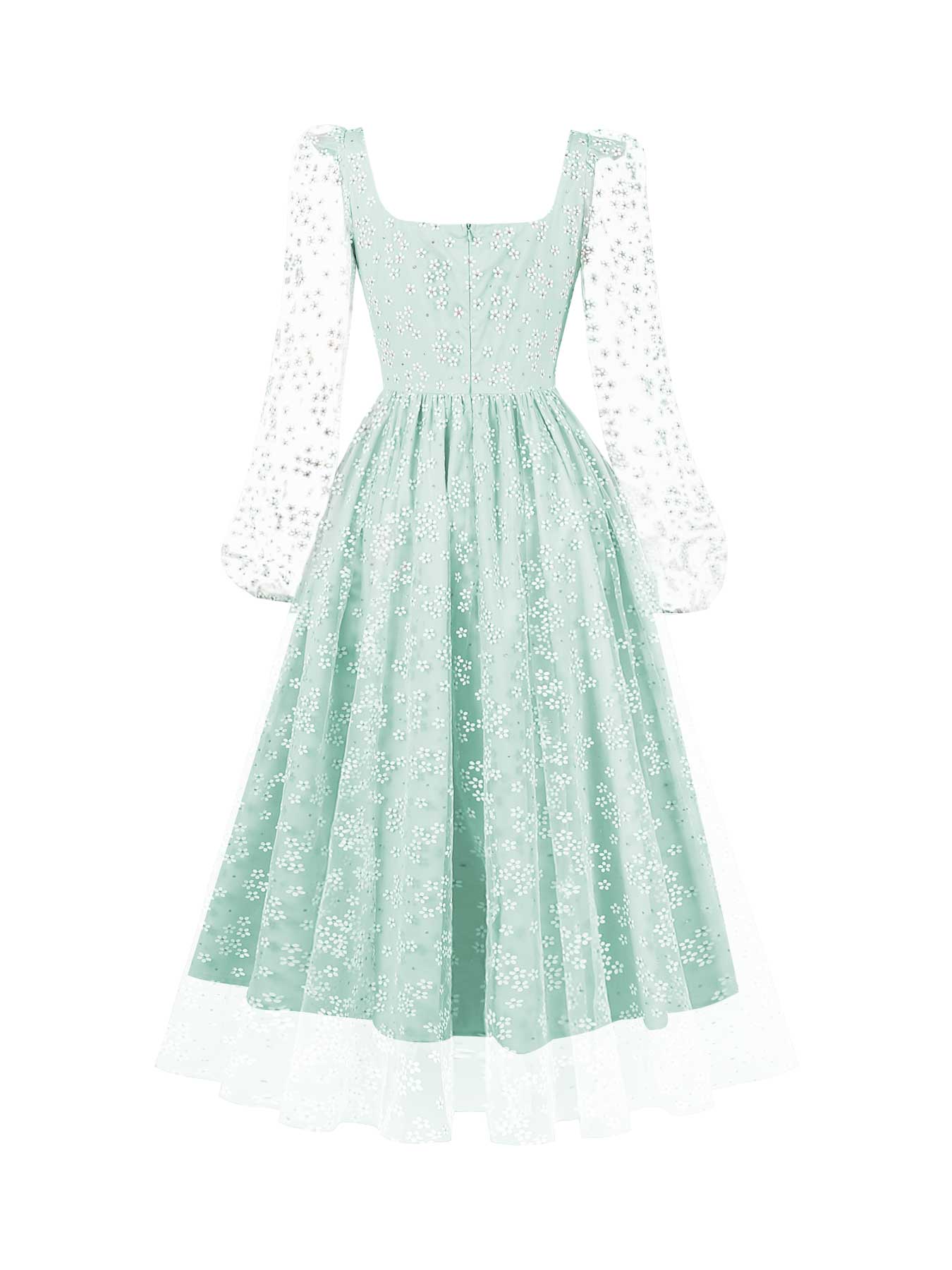 Light Blue Square Neck Floral Embroidered Dress Sheer Long Puff Sleeves  Tulle Fit Flare Midi French Country Fairycore Bridal Shower Garden Party  Wedding Guest Outfit - TikTok Shop