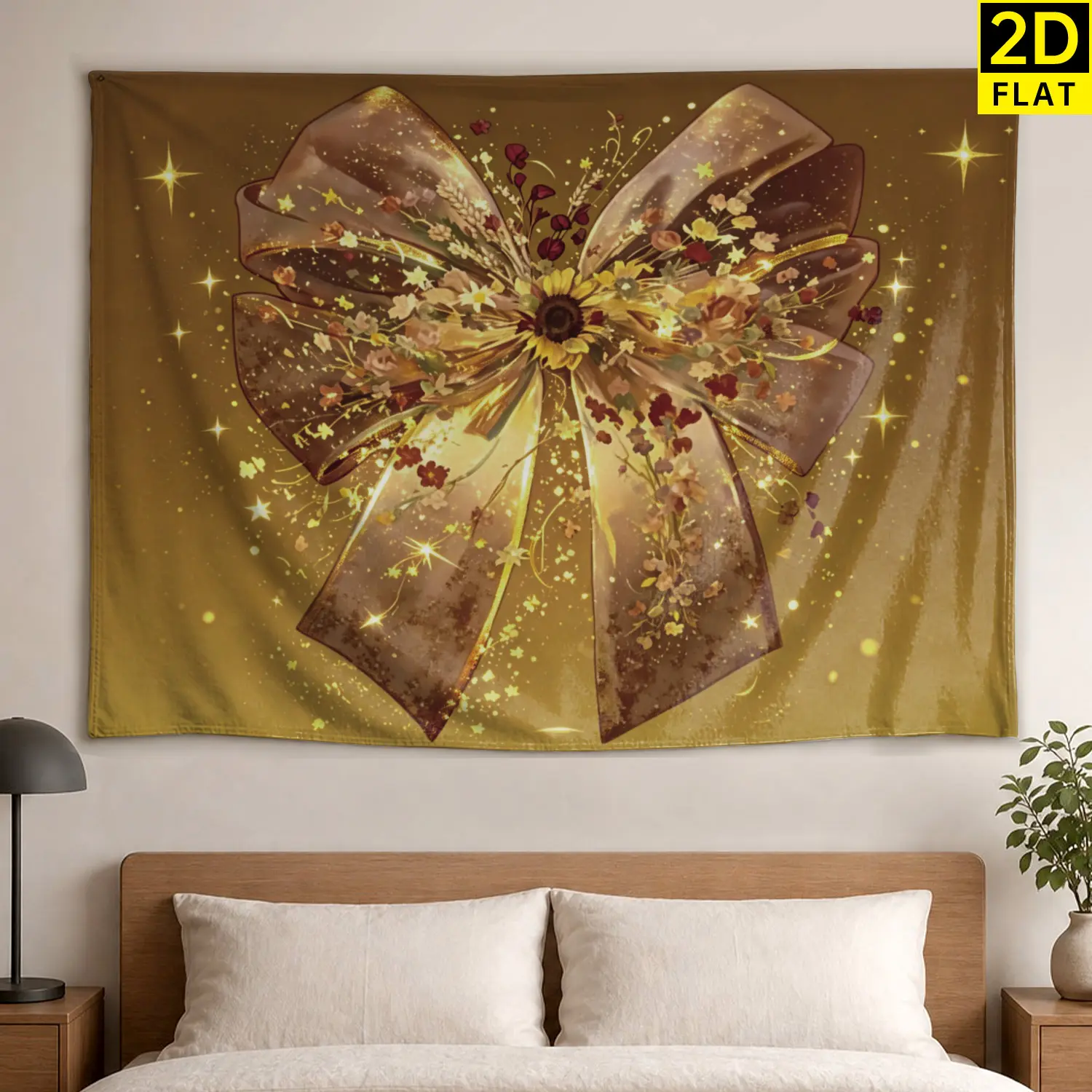 Golden Glitter Bow Sunflower Floral Print Polyester Tapestry - Large Horizontal Colorfast Hippie Chic Wall Decor, No-Installation Hanging, Gift Idea for Living Room Bedroom