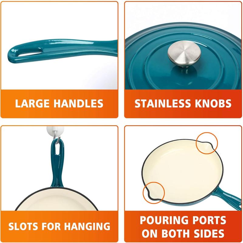 Elf Grill 7-Piece Enameled Cast Iron Cookware Set Nonstick Dutch Oven Frying Pan Skillet & Saucepan with Lids Oven Safe to 500°F All Stovetop Compatible Healthy Kitchenware for Sourdough Bread Baking Casserole & Modern Cooking