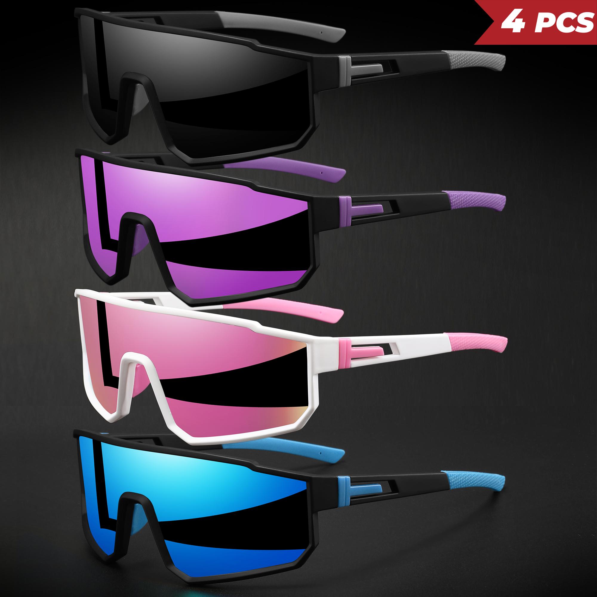 XUH 4PCS Unisex Oversized Sports Cycling Sunglasses, Colorful Wraparound UV400 Protection Windproof Glasses, Comfort Fit for Cycling Hiking Outdoor Sports,summervibes