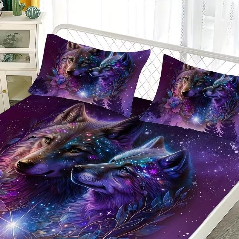 3pcs Starry Sky Wolf Pattern Bedding Set, High-Quality Digital Print Sheet and Pillowcases, All Seasons