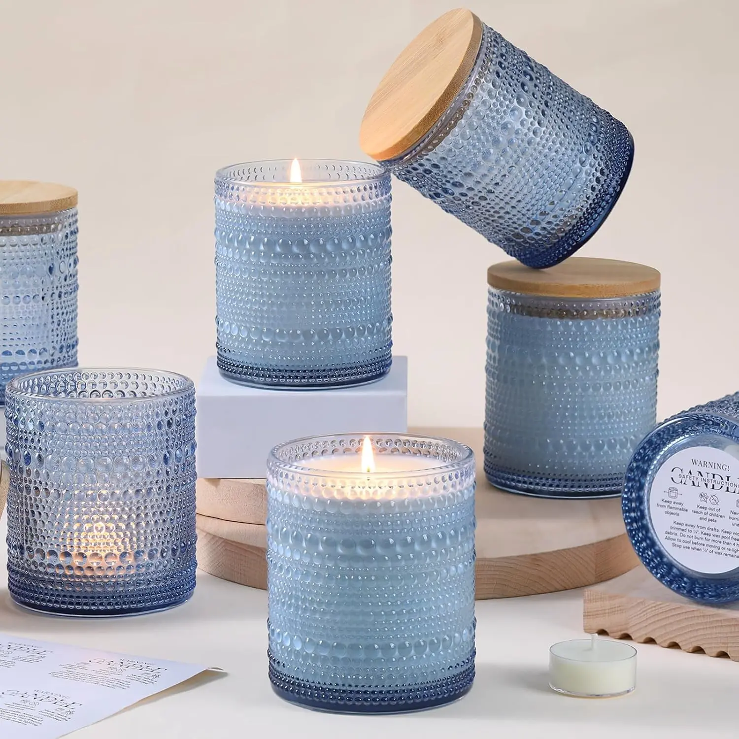 8 Pack Blue Candle Jars for Making Candles- 14 OZ Empty Glass Candle Making Jars with Bamboo Lids and Labels, Candle Making Supplies Candle Containers for DIY Gifts