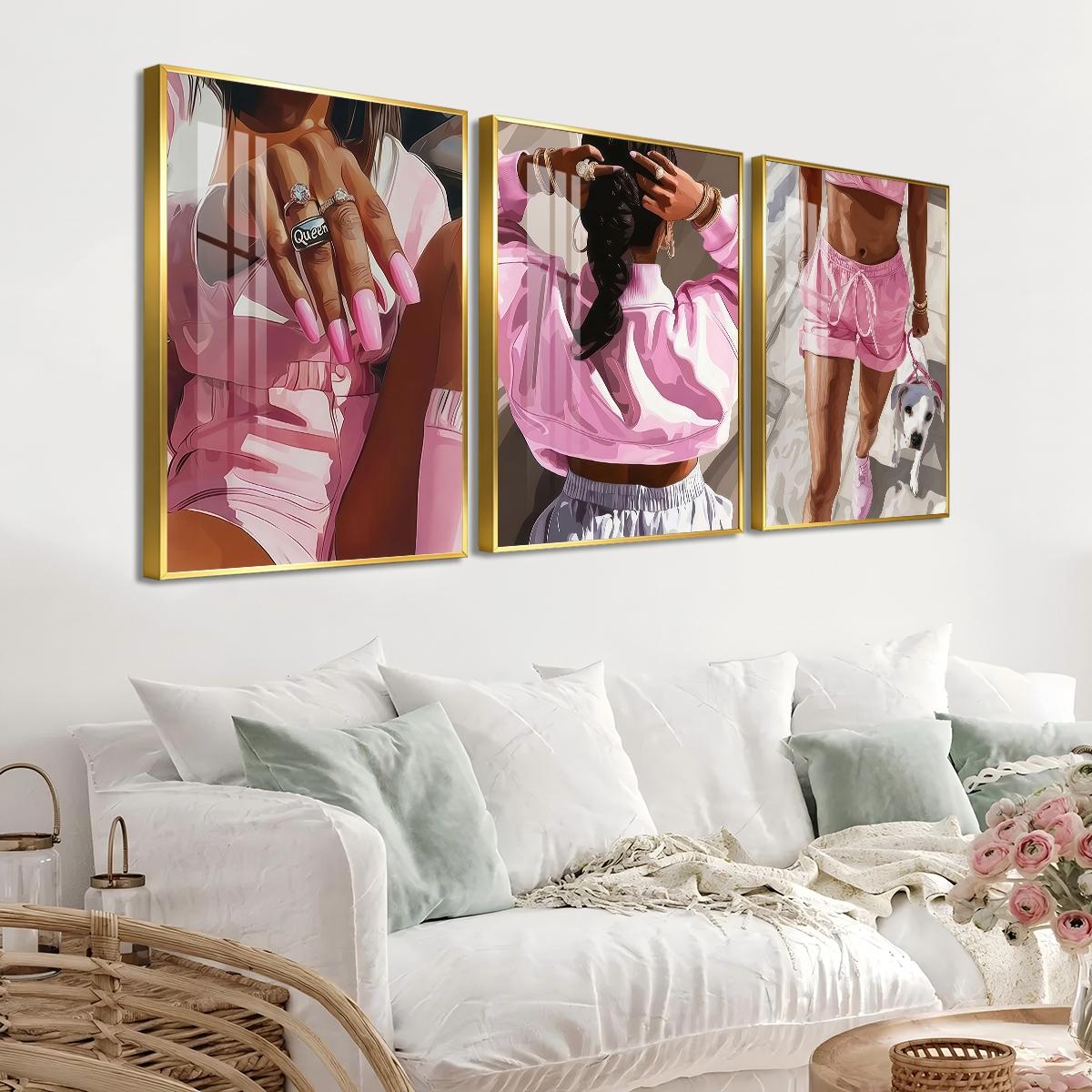 3 Counts Aluminum Alloy Framed Painting, Pink Fashion Woman With Dog And Jewelry Pictures, Home Decoration For Living Room, Bedroom, Office, Restaurant, Hallway Wall Decor, Odorless Print Artwork, Luxury Perfect Gift For Friends And Family