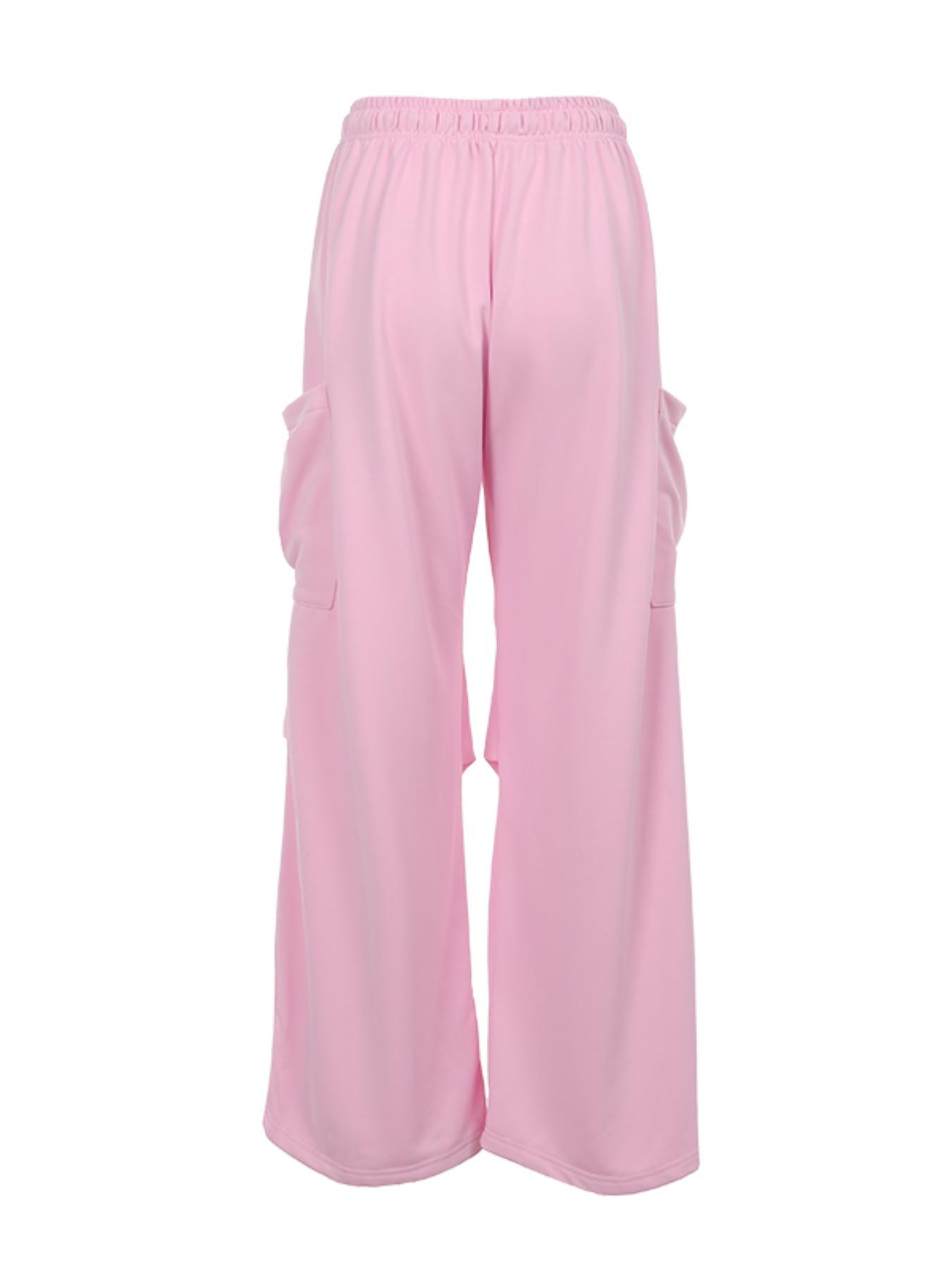 Women's Plain Drawstring Waist Cargo Pants, Casual Pocket Wide Leg Trousers for Daily Wear, Ladies Bottoms for All Seasons