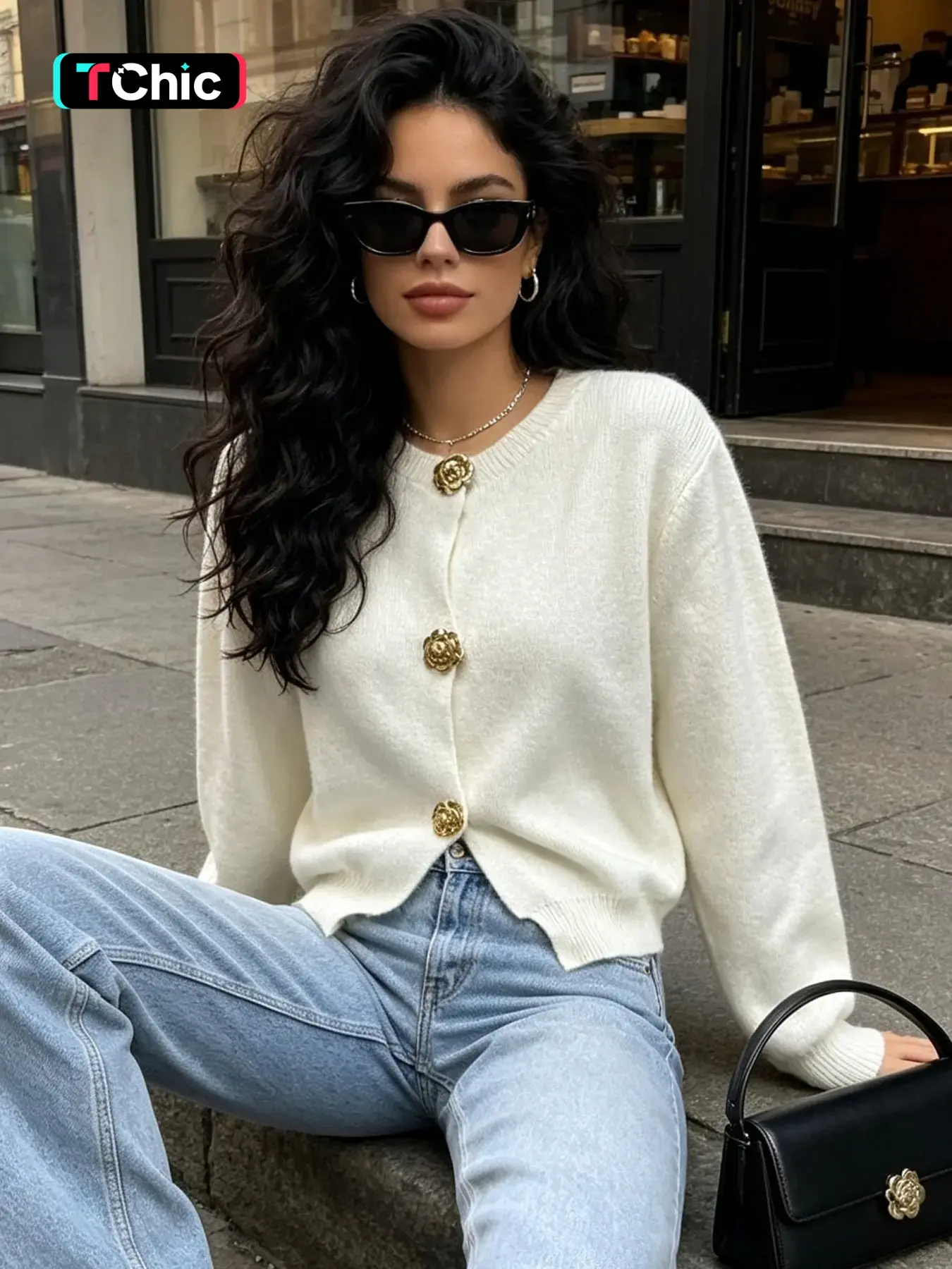 Autumn Winter Minimalist Metal Large Button Solid Color Open Front Shirt, Fashionable Elegant Casual Long Sleeve Sweater Coat