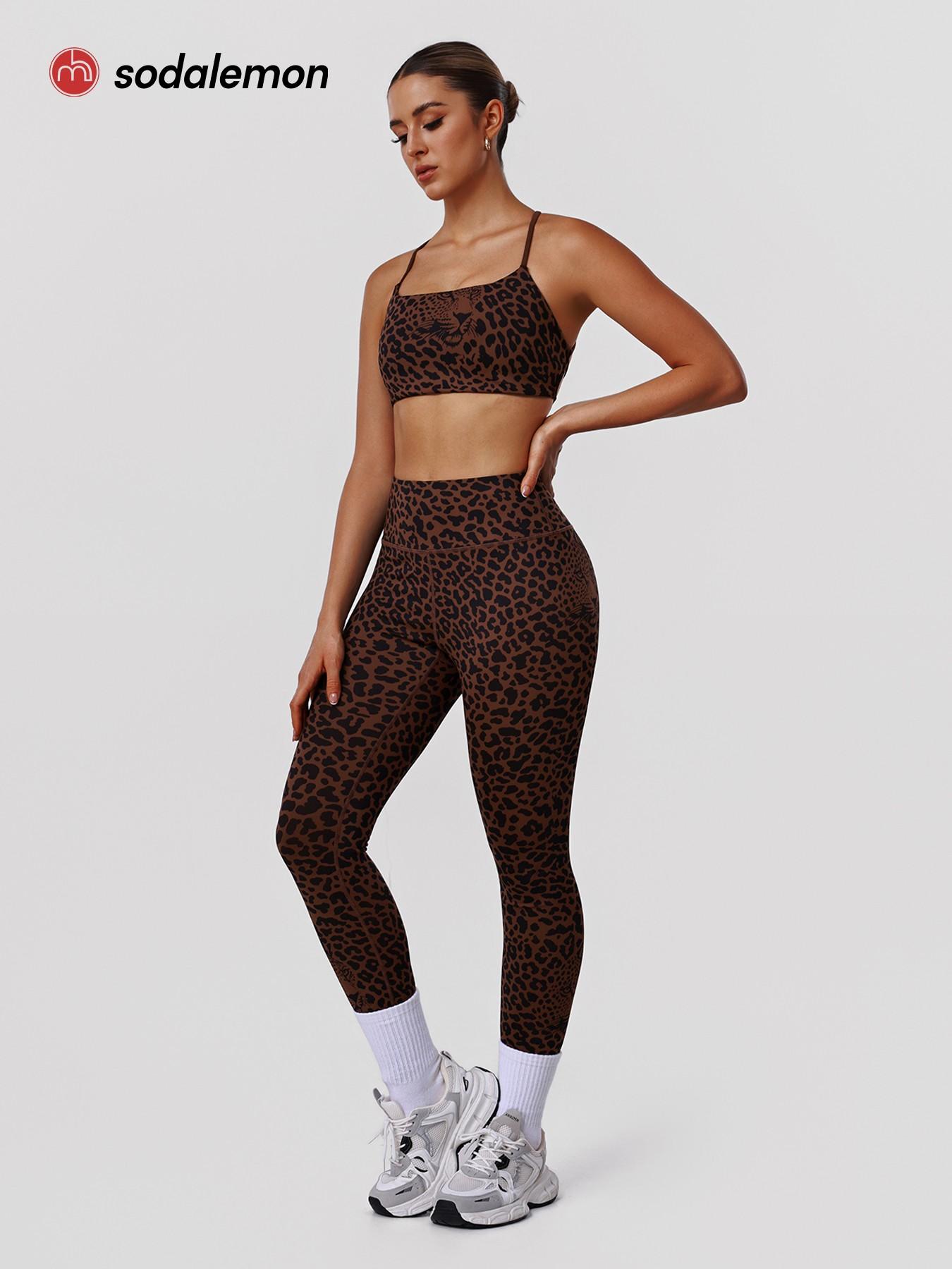 Women's Leopard Print Elastic Workout Set, Backless Sports Bra and Pants, Stylish Fitness Set for All Seasons, Backless Gym Clothes
