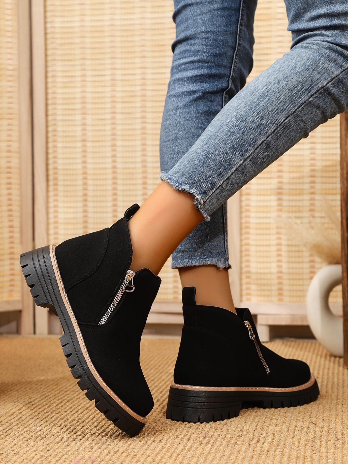 Women's Vintage Textured Thick Sole Chelsea Boots, Side Zipper Easy On/off, Height-Boosting Round Toe Short Boots, Anti-Slip Comfortable Outerwear