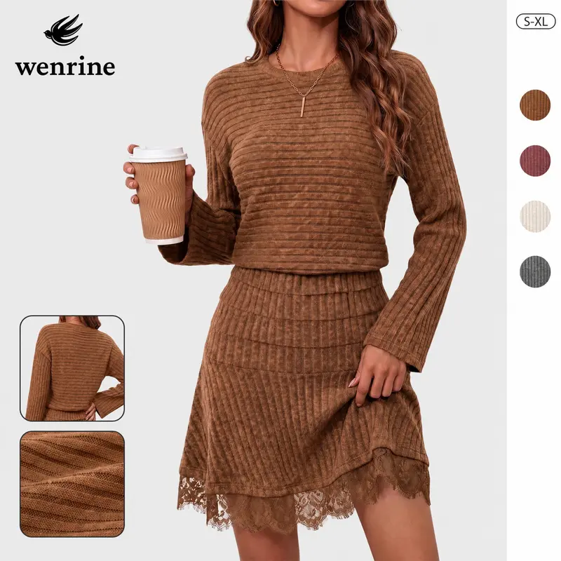 Wenrine Women's Minimalist Ribbed Knitted Sweater Dress - Crew Neck, Longsleeves, A-Line Midi, Elastane-Viscose Blend, Lace Hem, Bodycon-Friendly Elegant Casual Wear for Fall-Winter, Women's Clothing