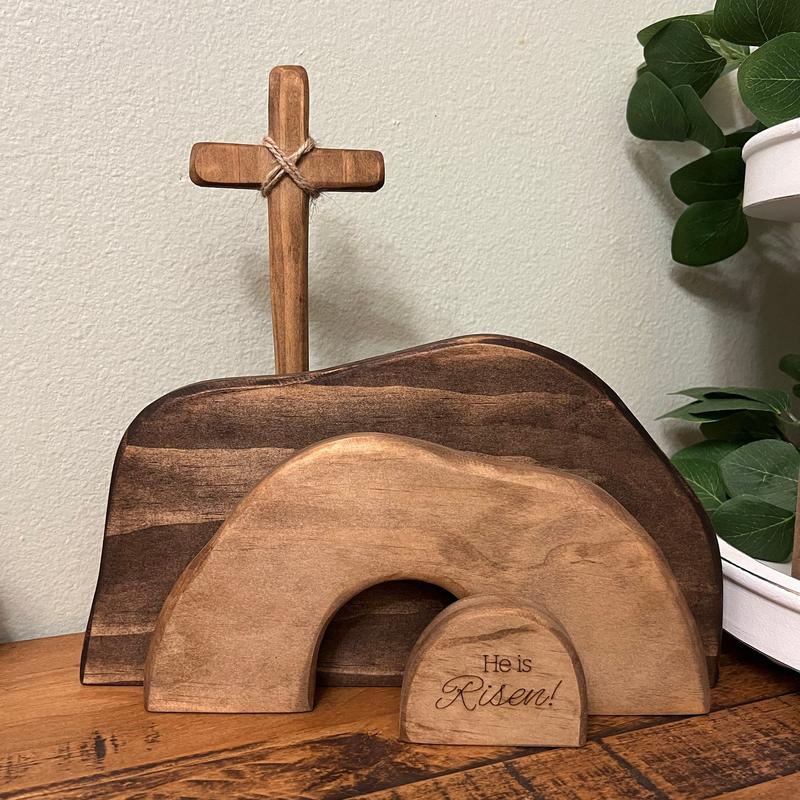 Empty Tomb Display Easter Decor, Christian Resurrection Scene Creche Decoration, He Is Risen Jesus Tomb Ornament for Farmhouse, Tiered Tray and Fireplace