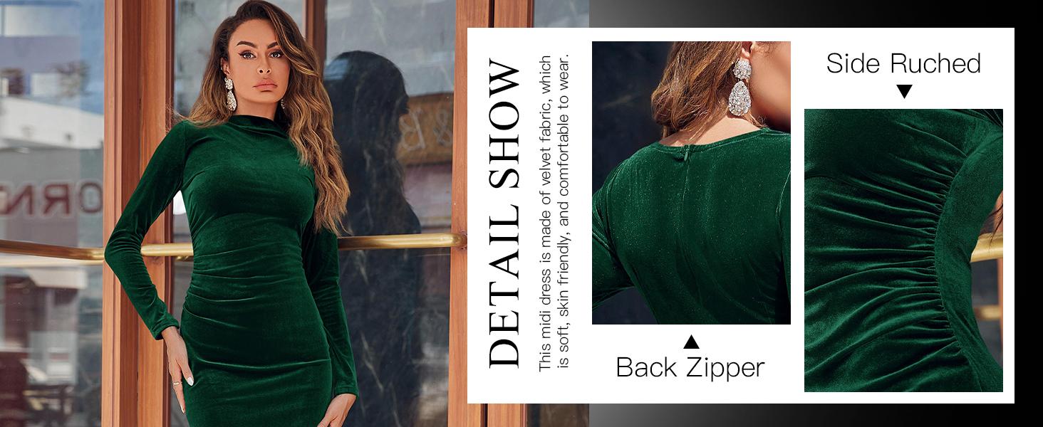 Wenrine Women's Velvet Bodycon Midi Dress Long Sleeve Ruched Elegant Cocktail Party Dresses