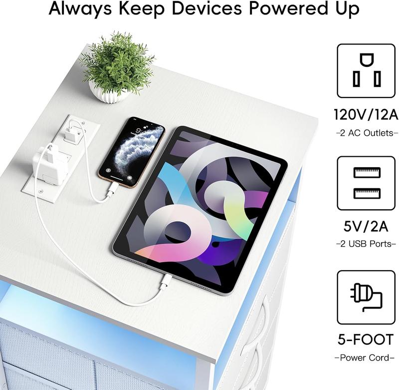 Night Stand with Charging Station, LED Nightstand with U-S-B Ports and Outlets, 3 Fabric Storage Drawers with PU Finish, Bedside Table, White