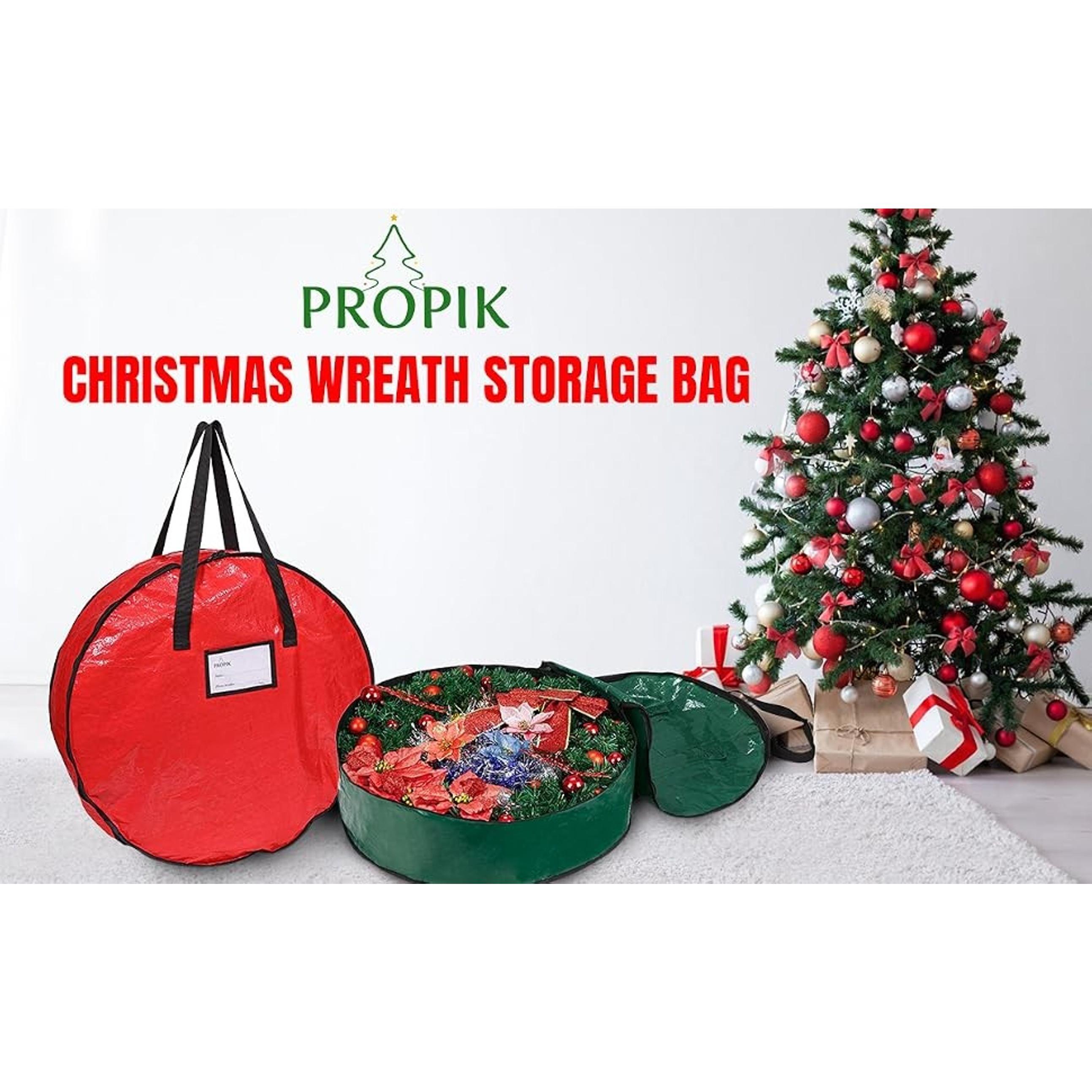 Propik 24" Wreath Storage Bag, Black Tear Resistant Holiday Garland Container, Easy Storage with Heavy Duty Handles & Transparent Card Slot, 24” X 24” X 8”