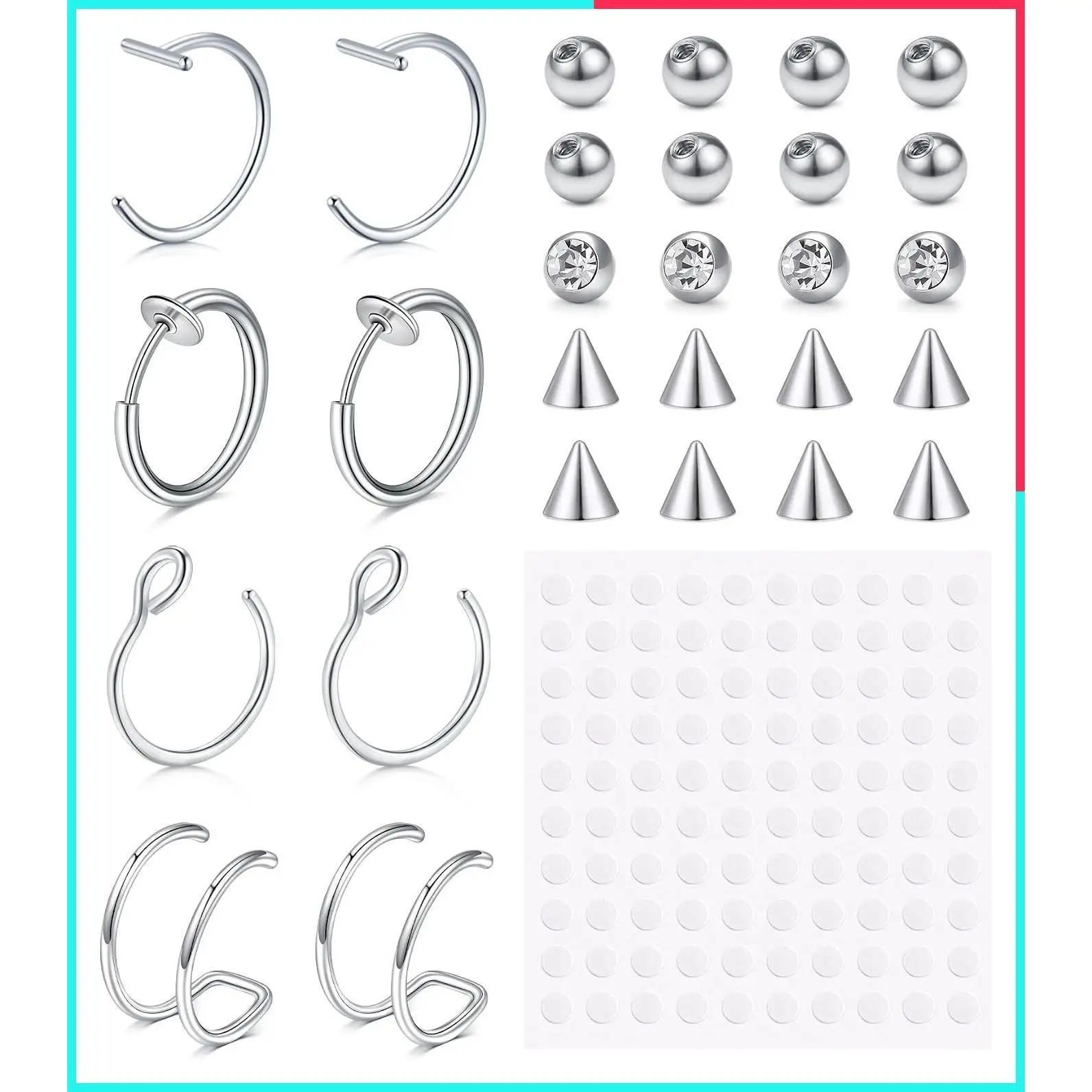 Fake Nose Ring Non-Piercing Lip Ring Hoop Stick-On Snake Bites Faux Eyebrow Piercings Clip-On Earring Cuffs Small No-Pierced Earring Hoops