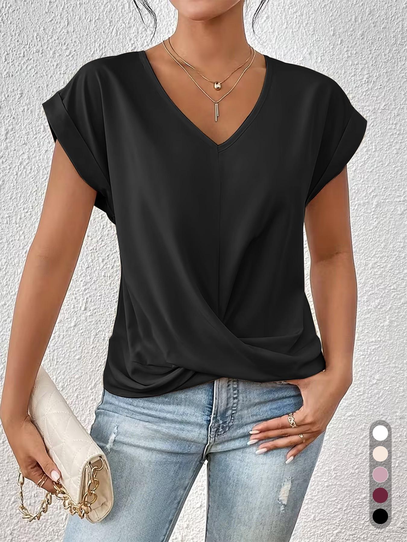 2026 Women's V Neck Twist Front Blouse, Sexy Ruched Waist, Short Sleeve, Casual Top, Tummy Control, Leg-Lengthening, Office Shirt