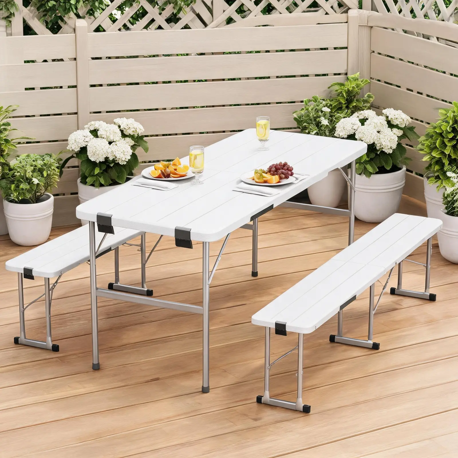 6 ft Foldable Picnic Table Set with 2 Benches - 4-6 People HDPE Top Outdoor Furniture Set, Sturdy Steel Frame, Space Saver, Easy Setup for Camping, Patio