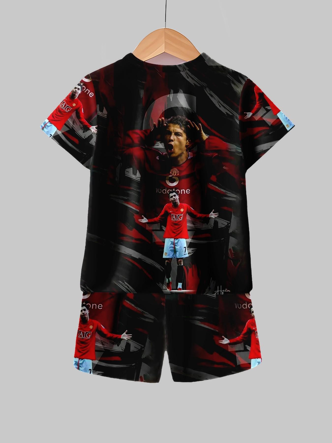 Boys' Colorblock Manchester United Cr7 Tee & Track Shorts, All over Print, Casual Summer, Party, Vacation, School Wear