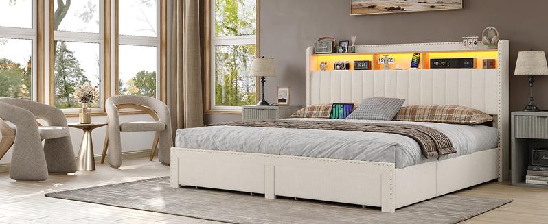 FUSOU RGB Light Storage Headboard Bed Frame with Charging Station [FRAME ONLY NO MATTRESS]Upholstered Bed Frame with 4 Drawers and 2-Tier Storage Headboard, Noise Free, Easy Assembly, Wooden Slats Support, No Box Spring Needed, Beige,Queen Size, King Size