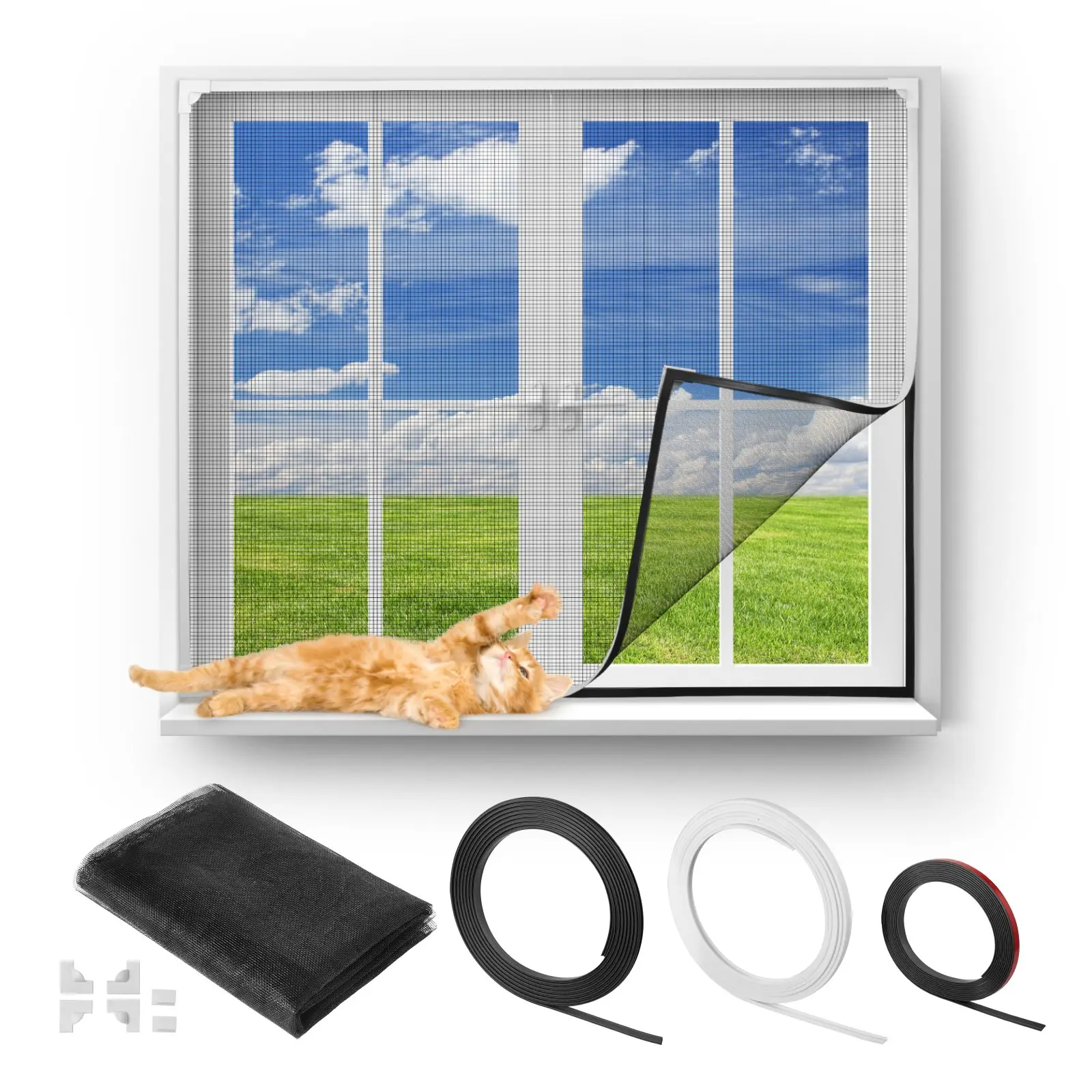 VEVOR Magnetic Window Screen, 58.27x 39.17 inch PVC and Fiberglass Mesh, White Frames with Black Magnetic Strip and Wind Clips, No Drilling Easy Installation, Magnetic Screen for House Window