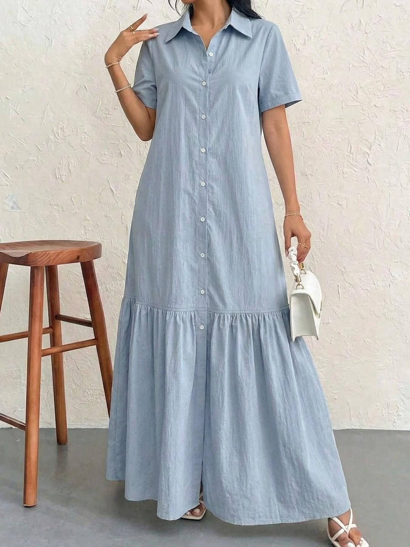 Women's Light Color Short Sleeve Shirt Dress, Single Button Ruffle Split Design, Elegant Summer School Dress, Perfect for Students and Meetings