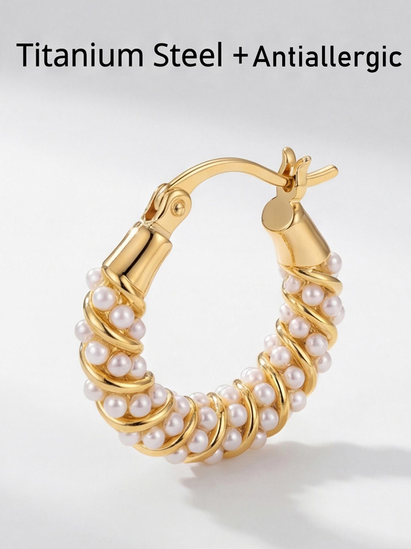 Women's Hypoallergenic Titanium Steel Twisted Pearl Hoop Earrings, Non-Fading Huggie Earrings Premium Fashion Jewellery Jewelry Box Included with Every Order