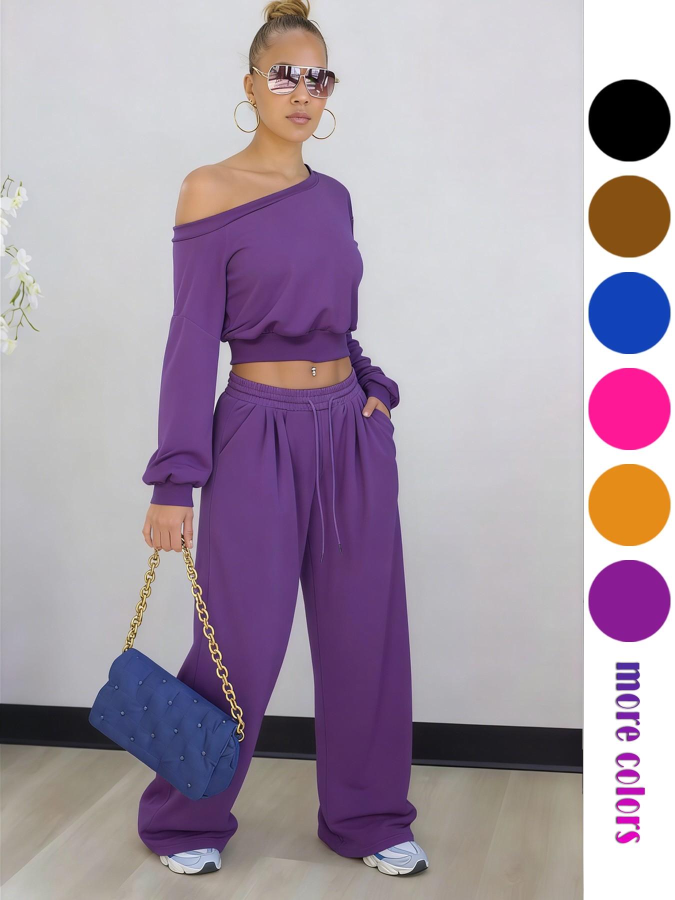 2026Women's Casual Two-Piece Set, Plain Loose Fit Design, Long Sleeves & Pockets, Perfect for All Occasions, Y2K Style