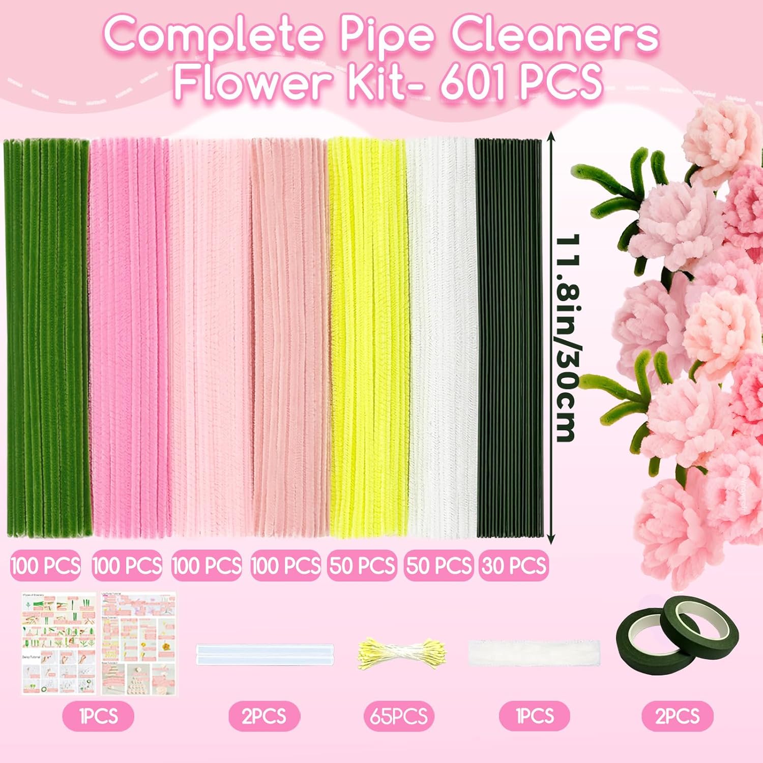 601 count Complete  Pipe Cleaners Flower Kit-Pastel Pipe Cleaners , DIY Craft Supplies for Projects, 6 Colors, with Floral Wires, Tape, Glue Sticks, Ribbon, Stamen, Manual & Video Tutorial