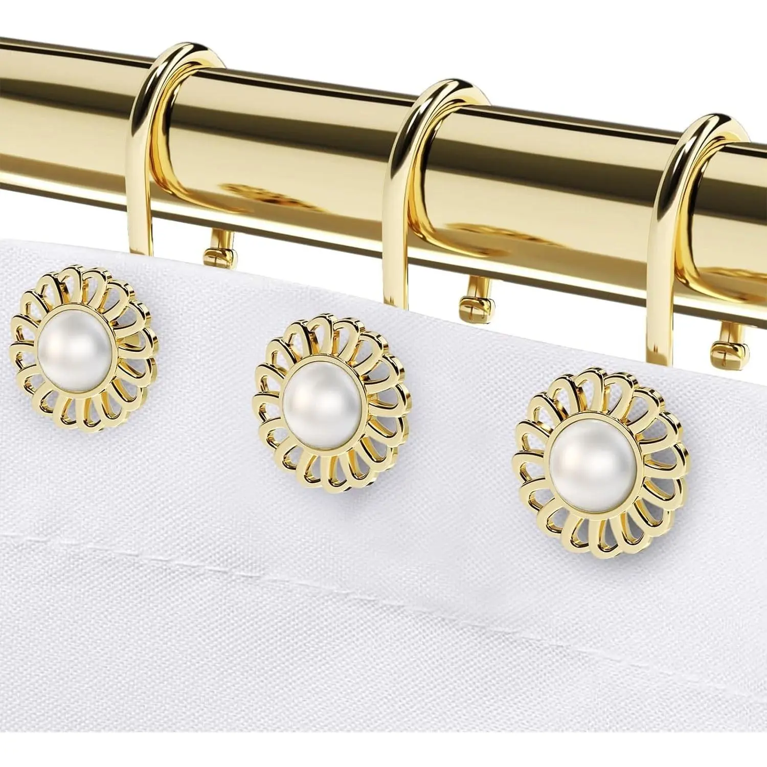 Gold Shower Curtain Hooks Rings, Decorative Shower Curtain Hangers, Heavy Duty Metal Shower Rings, Sunflower Shower Hooks for Shower Curtain Rod and Liner, Bathroom Curtain Hooks, Luxury Gold, 4mm zinc wire, pearl inlaid sunflower, anti-fall S-shape,