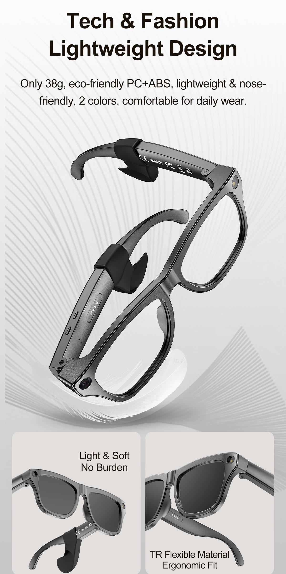 xk one pro AI wireless photo-taking glasses, equipped with an 800W camera for taking photos, AI object recognition, making and receiving calls, body-worn detection, AI translation, voice activation. Note: This product cannot record videos.