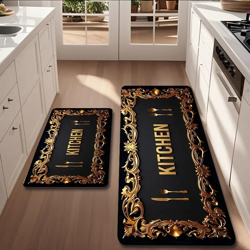 Kitchen Mat Set 2/3 Pieces, Gold European Carving Kitchen Mats, Luxury Washable Floor Mats for Kitchen, Entryway, Bathroom, Laundry Room, Hallway