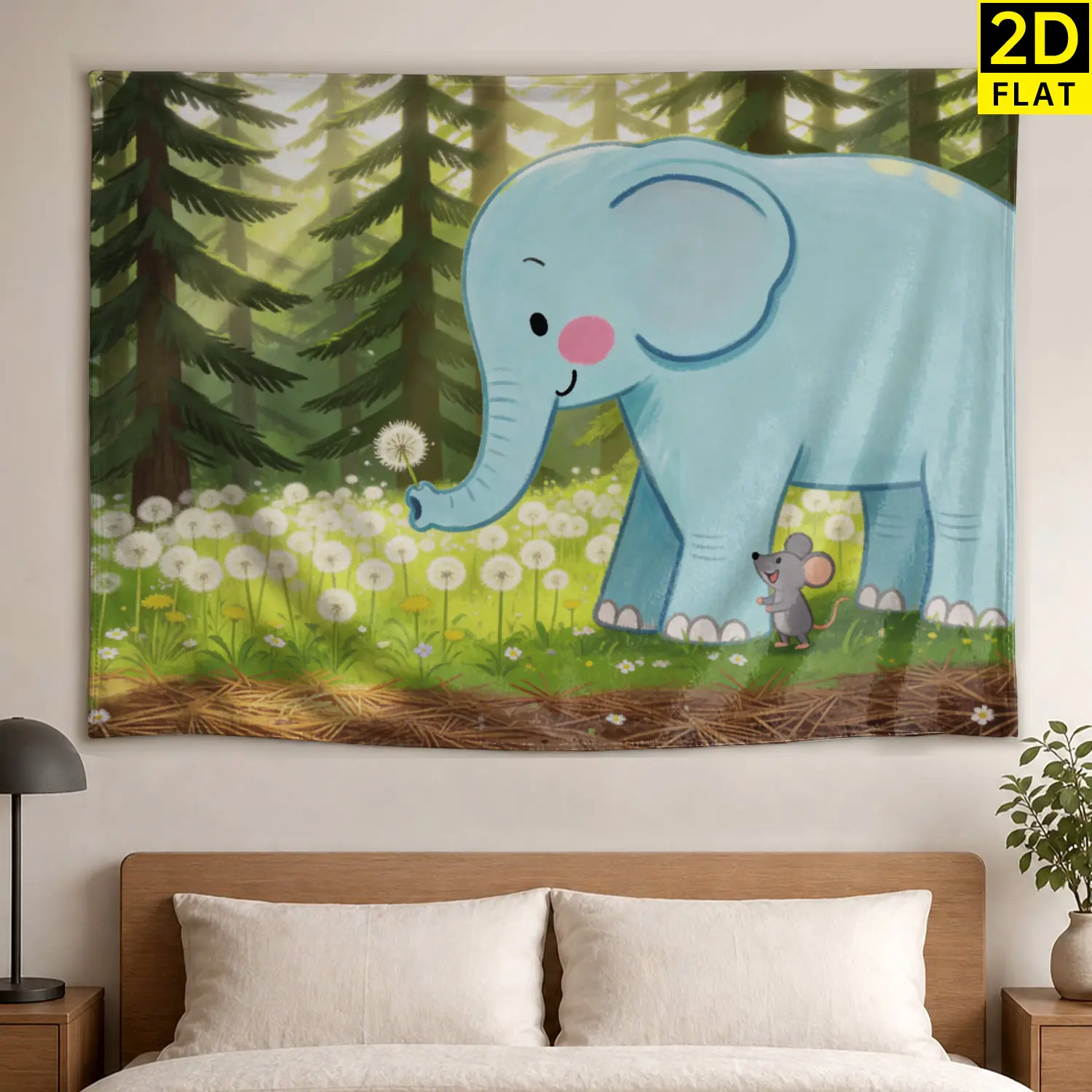 Cute Elephant Dandelion Forest Landscape Wall tapestry,Large size Printed Horizontal Tapestry blanket,Polyester Fabric Wall Hanging for living room,bedroom,No Installation Required,Indoor,Outdoor,Gift for Family and Friends