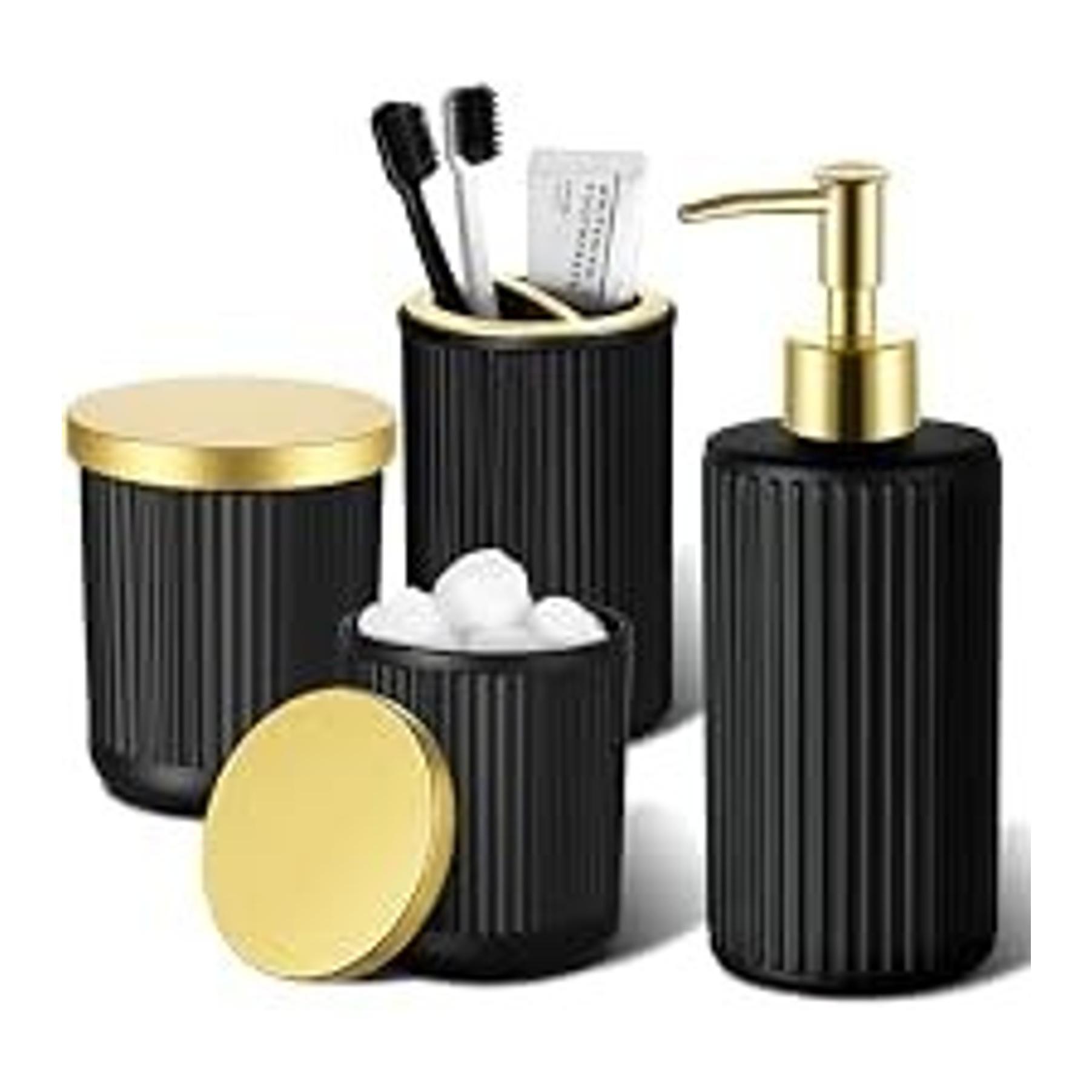 4-Piece Ribbed Glass Bathroom Accessory Set - Silver Modern Counter Decor with Soap Dispenser, Toothbrush Holder, and 2 Qtip Holders, Four Pieces 4-Piece Ribbed Glass Bathroom Accessory Set - Silver Modern Counter Decor with Soap Dispenser, Toothbrush Holder, and 2 Qtip Holders, Four Pieces