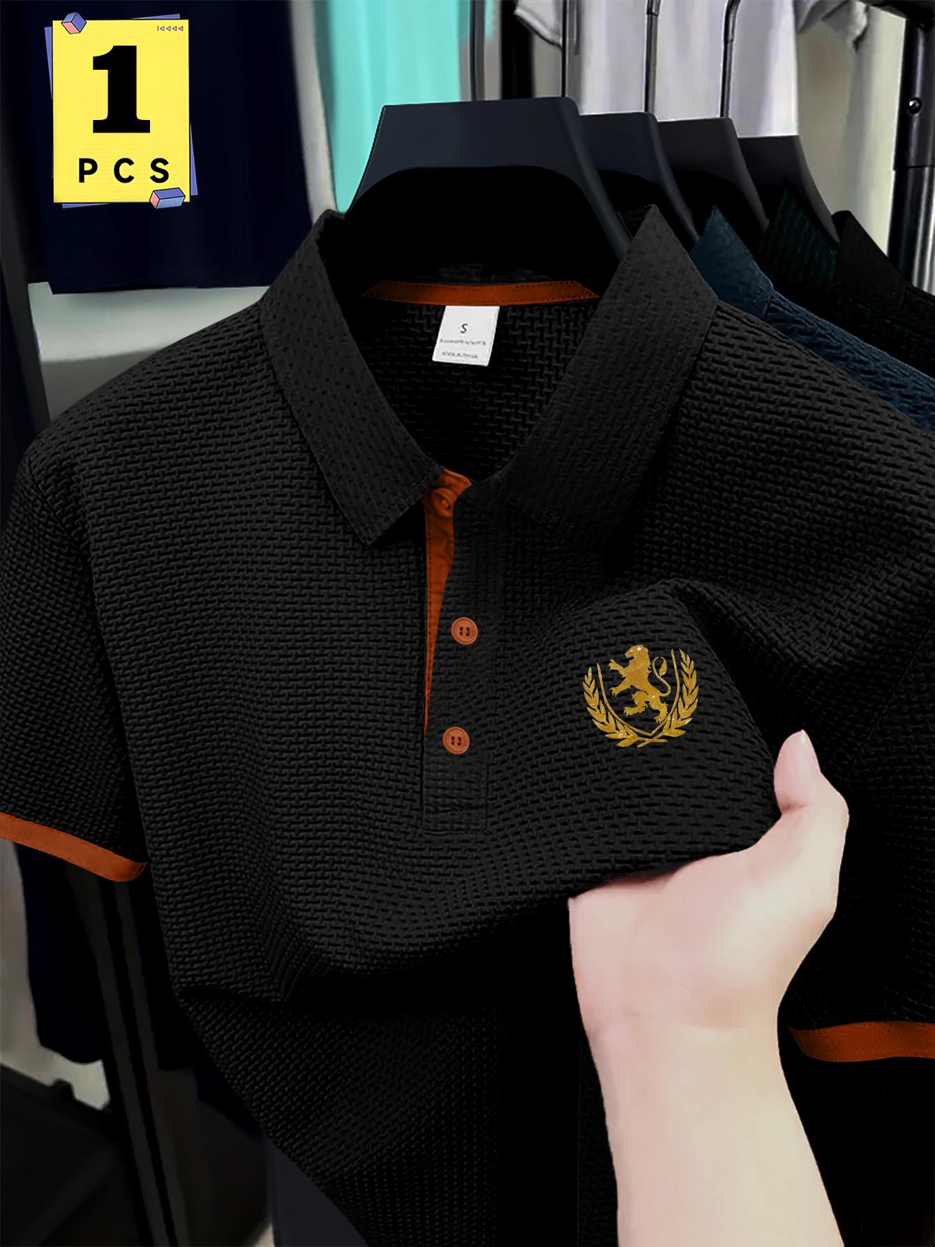 Men's Fashion Print Polo Shirt, Lion Wheat Pattern, Short Sleeve, Button Front, Breathable Fabric, Summer Casual, Golf Shirt