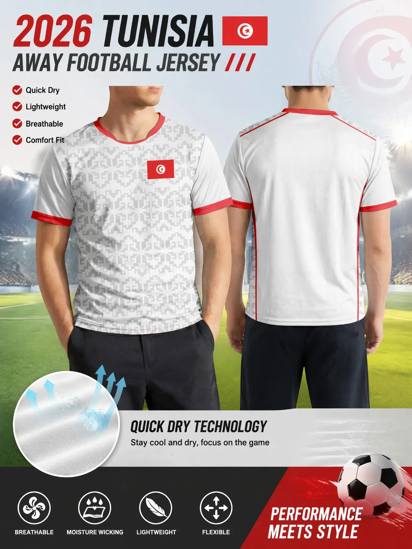 2026 New Tunisia Men's Soccer Jersey, Geometric All-Over Print, Quick-Dry Breathable Mesh, Sporty Slim Fit, Short Sleeve