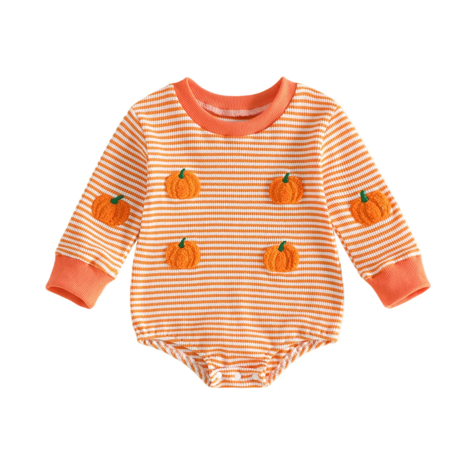 Babamoon Unisex Newborn Infant Cotton-Poly Pumpkin Romper - Long Sleeve Shirt, Striped, Embroidered Bodysuit Onesie for 0-18M
