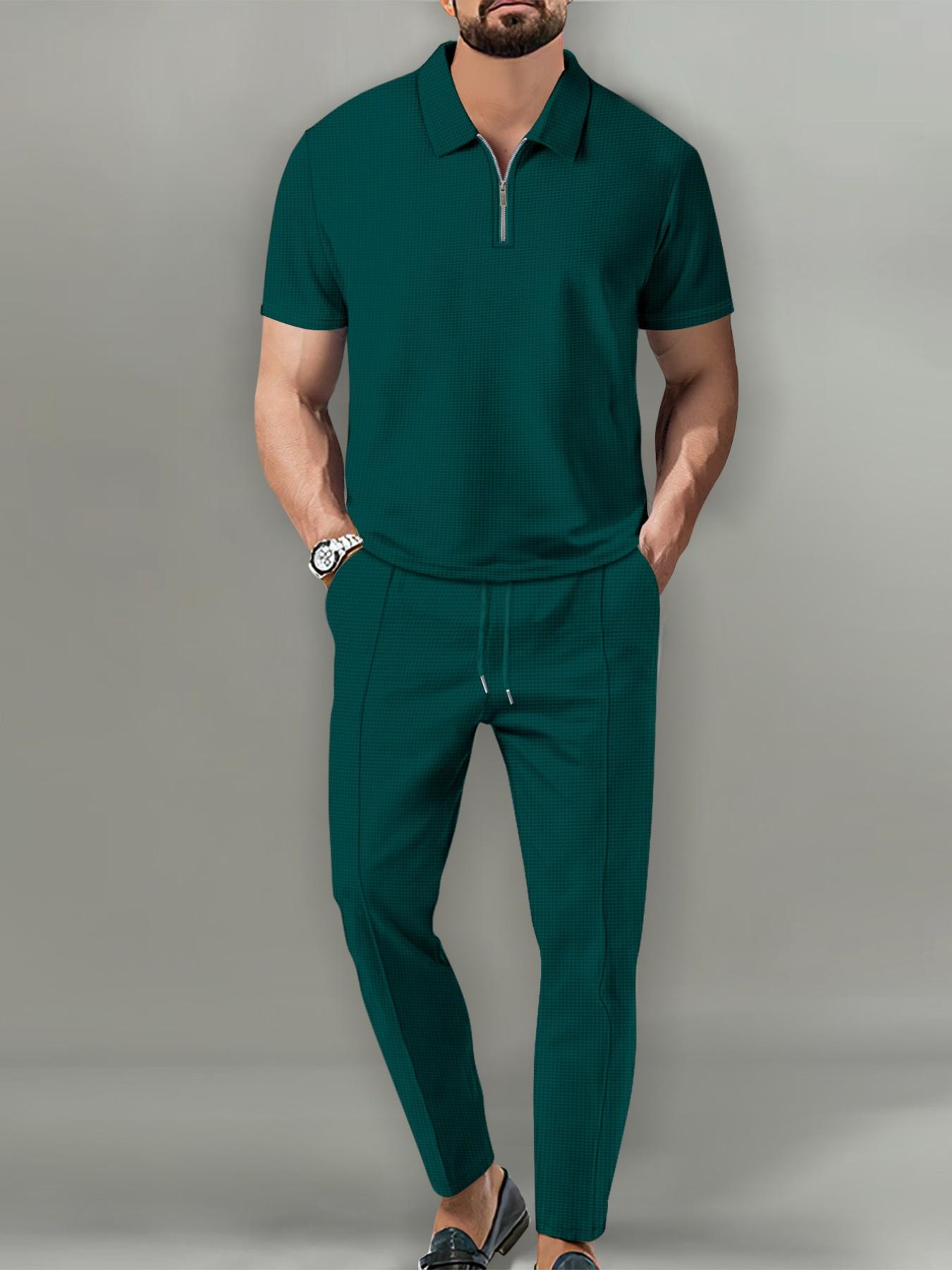 Men's Two-Piece Set Outfit for Summer, Menswear Quarter-Zip Polo Shirt and Drawstring Pants, Casual and Urban Style, Perfect for Relaxing Days
