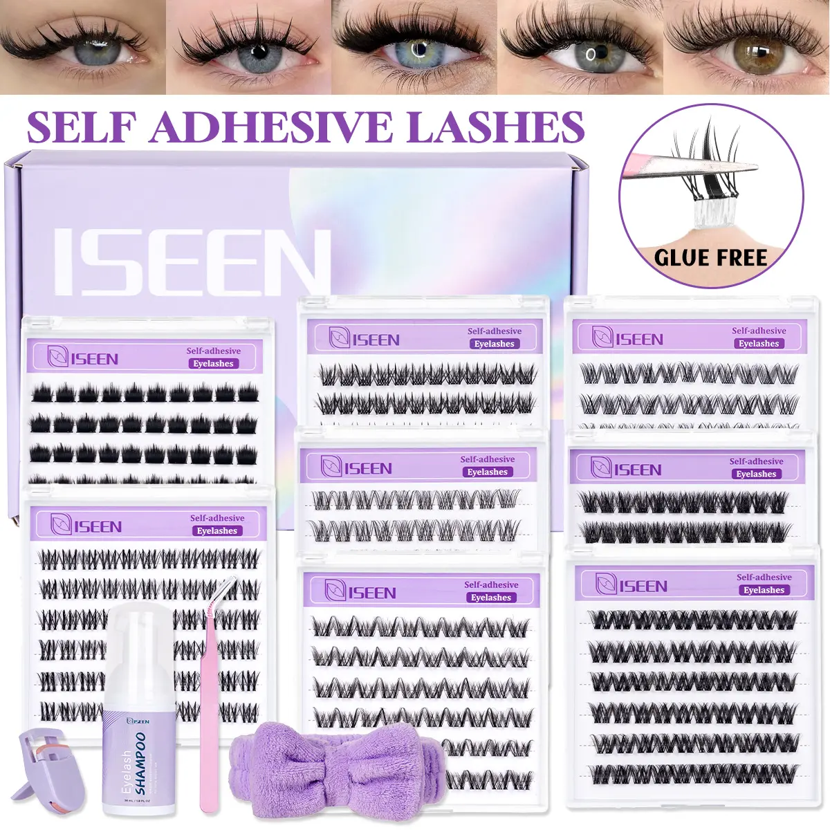 8 Styles Self-Adhesive Lash Cluster Kit, Press On Lashes with Lash Cleansing Shampoo, Tweezers and Headband, Natural Look No Glue Cluster Lashes, Ultra-Thin Lightweight for Beginners