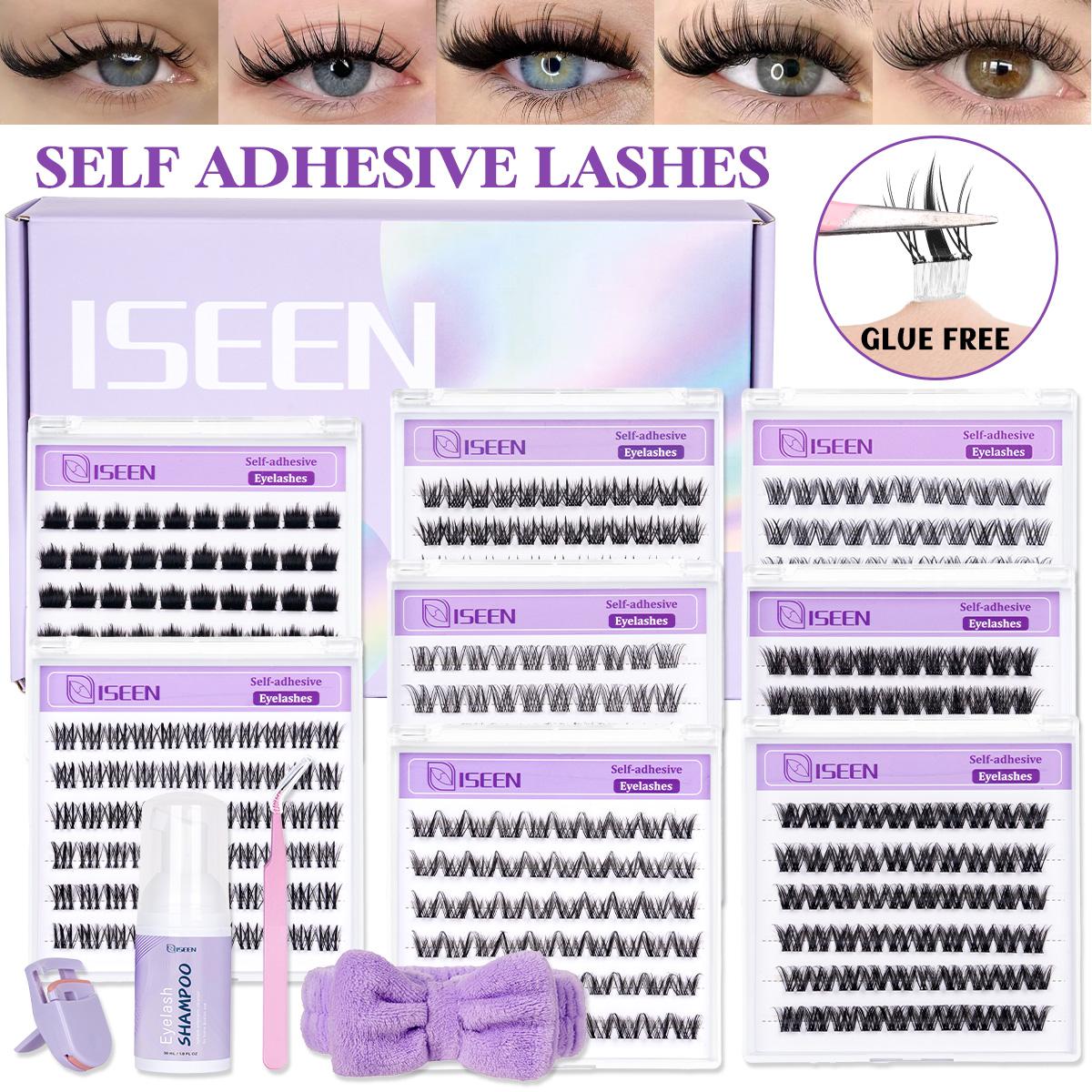 8 Styles Self-Adhesive Lash Cluster Kit, Press On Lashes with Lash Cleansing Shampoo, Tweezers and Headband, Natural Look No Glue Cluster Lashes, Ultra-Thin Lightweight for Beginners