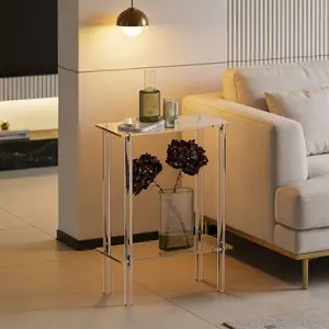 Acrylic Transparent Narrow Table for Small Spaces, 7 Inch Wide Bedside Table, Ultra-Thin Bedroom End Table, 2 Layer, 15.7 Inches Long X 21 Inches High
