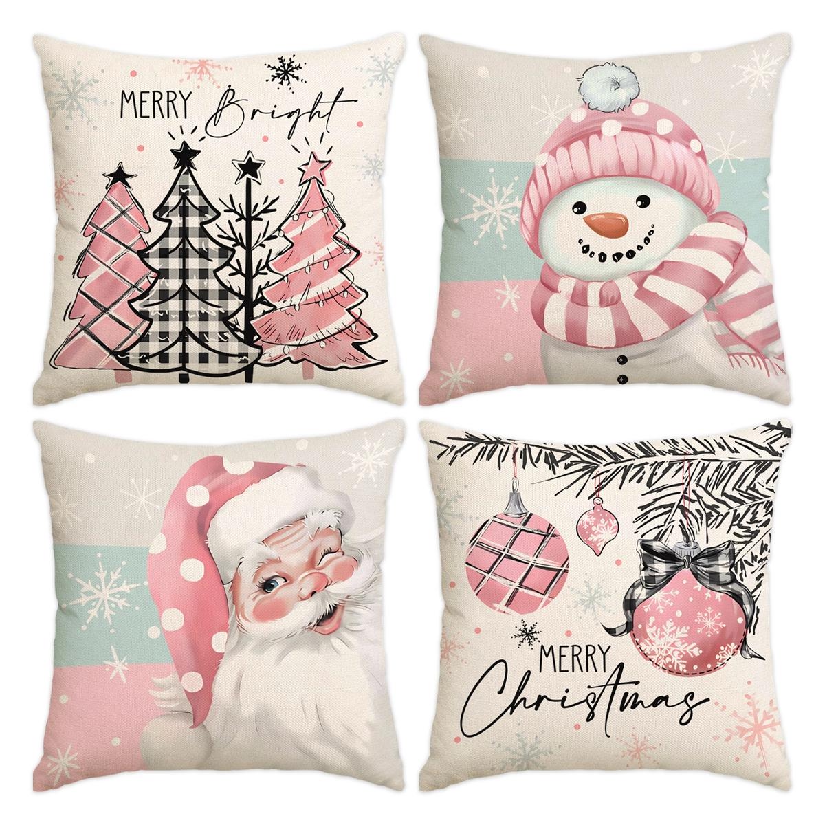 4pcs Christmas Pillow Cover, Santa Claus, Christmas Tree Snowman Pattern Single sided Printed Cushion Cover, Suitable for Christmas Bedroom, Living Room, Sofa, Farmhouse, Bed, Car Decoration Cushion Pillow Cover (No Pillow Core)