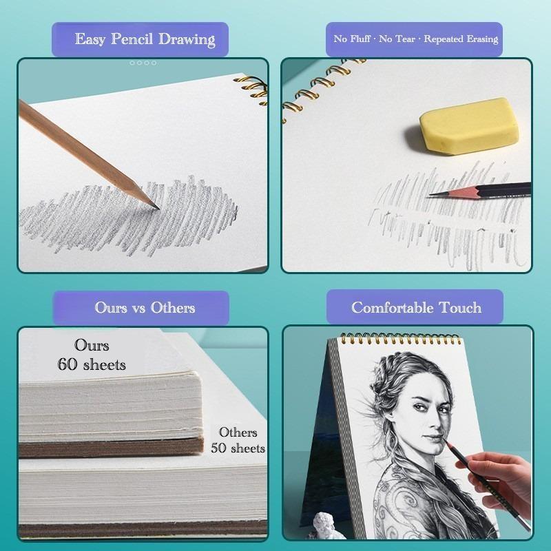 1 Piece Sketchbook, Top Spiral Bound Sketch Board, 1 Pack of 60 Sheets, Acid-Free Art Sketchbook Art Drawing Writing Paper, Suitable for Aduners Artists