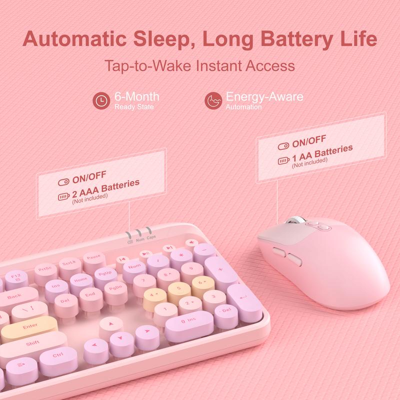 Wireless Keyboard and Mouse Combo Round keycaps Retro Typewriter Keyboard 104 Key Full-Sized Keyboard Automatic Power Saving 2.4GHz Wireless Connection for Mac/Windows/PC