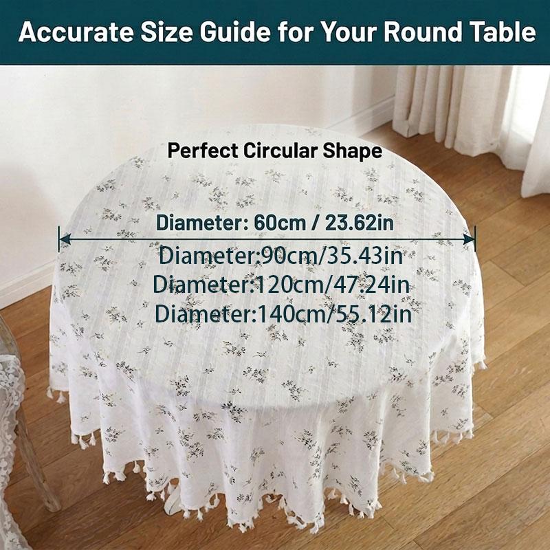 French Style Round Tablecloth, Cream Floral Design, Handmade Fringe Edge, Ideal for Tea Parties, Outdoor Decor, Mother's Day Gift