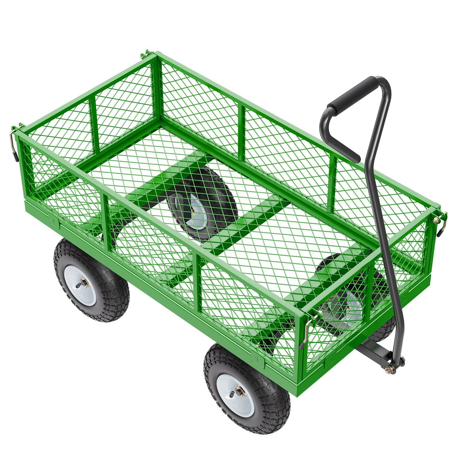 VEVOR 900 Lbs Steel Frame Outdoor Metal Utility Cart, Heavy-Duty Pullable Wagon with 10-Inch Tires, Removable Mesh Sides, Mesh Floor, Convertible Flatbed & 180-Degree Adjustable Handle for Garden Yard Use, 10 Tires, Removable Sides