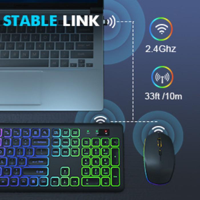 JOMAA 2.4G Wireless Keyboard and Mouse Combo RGB Backlit Rechargeable Full-Size Ergonomic Type-c+USB Wireless Sleep Mode